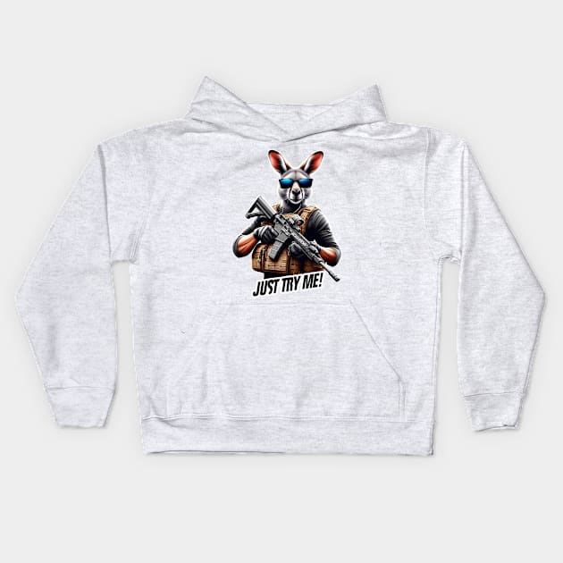 Tactical Kangaroo Adventure Tee: Where Playfulness Meets Precision Kids Hoodie by Rawlifegraphic